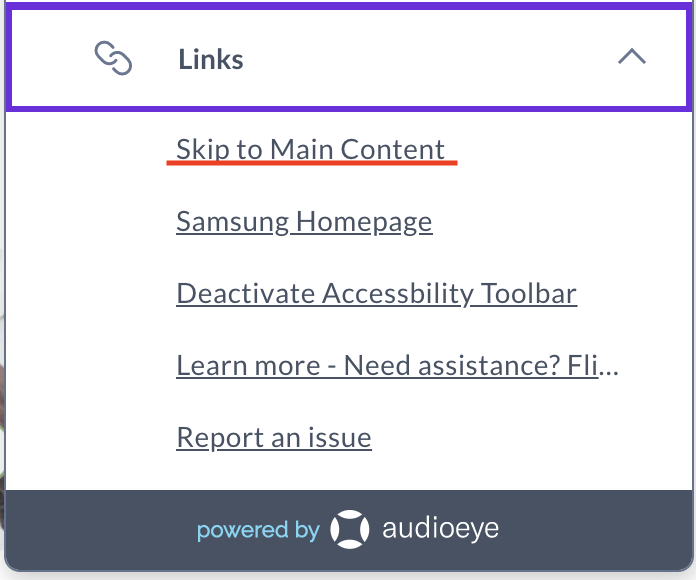 The AudioEye Visual Toolkit lets users navigate straight to the website’s main content by applying a functioning “Skip to Main Content” link