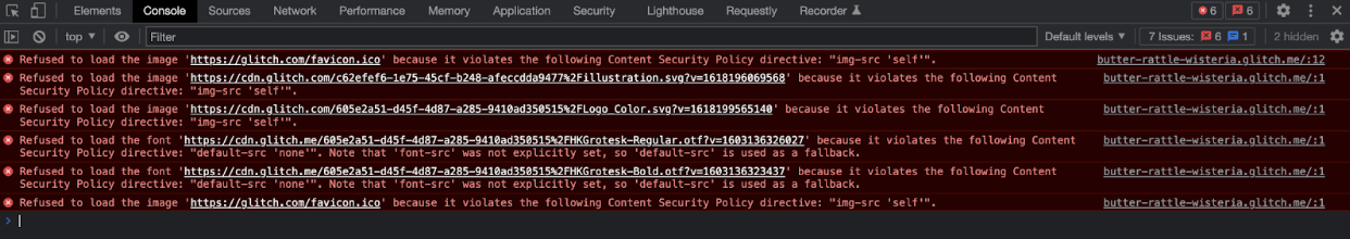 Example of CSP violations that are reported to the console: “refused to load the image because it violates the following CSP.”
