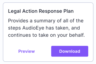 Screenshot of the Legal Action Response Plan section within the Response documents tab on the Legal resources page
