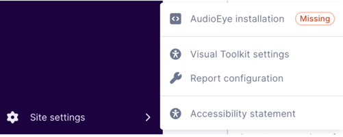 Screenshot showing the AudioEye installation link in the Site settings submenu