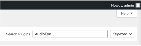 Screenshot of the Search Plugins field on the Add Plugins page, with AudioEye entered in the field