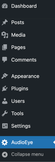Screenshot of the AudioEye plugin link in the main menu