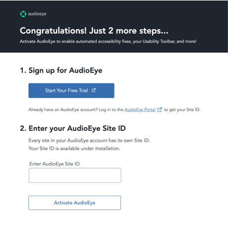 Screenshot of the Enter AudioEye Site ID field and Activate AudioEye button on the plugin settings page