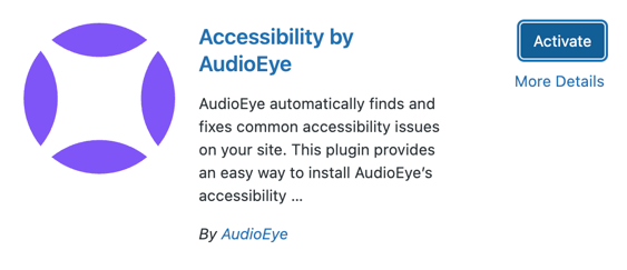 Screenshot of the Accessibility by AudioEye plugin with the Activate button visible.