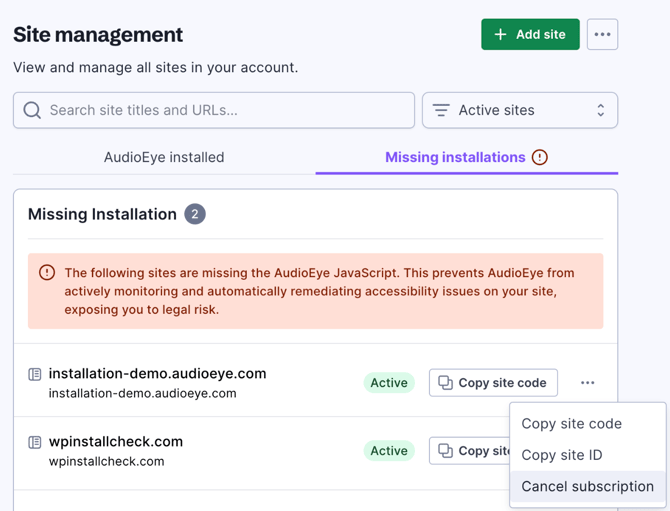 Screenshot of the site management page with the context menu for a site open and the cancel subscription option highlighted