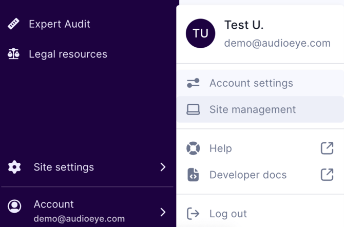 Screenshot of the Account submenu open and the Site management option highlighted