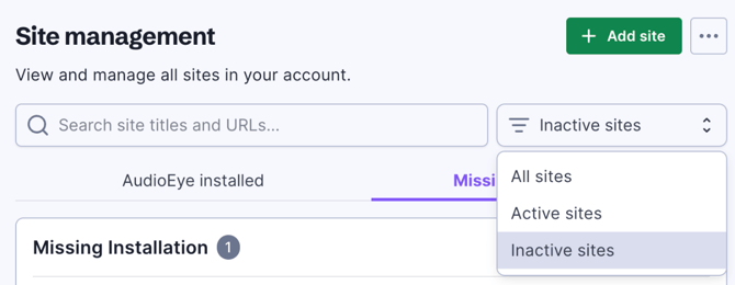 Screenshot of the Site management page with the filter dropdown activated and the Inactive sites option highlighted