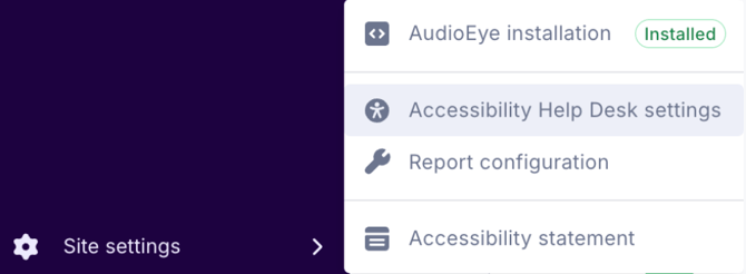 Screenshot showing the Accessibility Help Desk settings option within the Site settings menu
