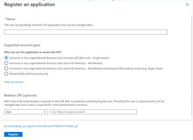 Screenshot of the new registration form.