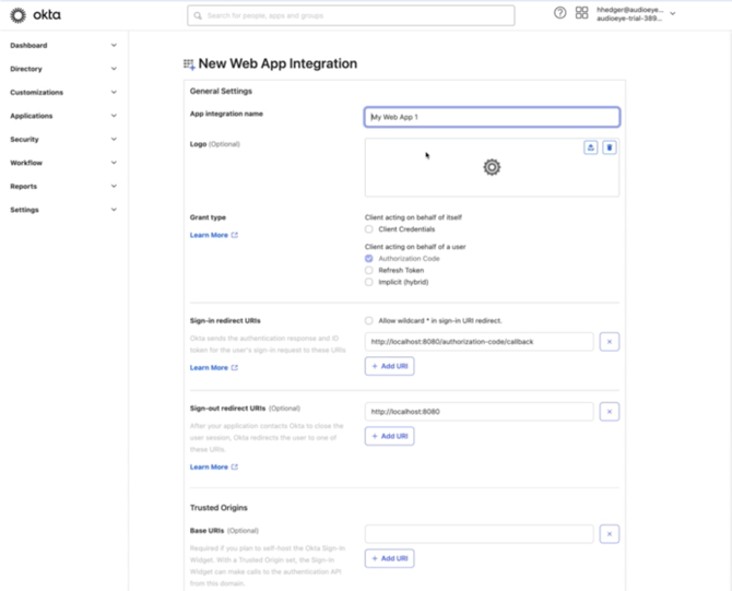 Screenshot of the New Web App Integration interface.