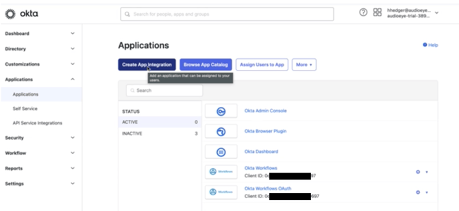 Screenshot of the Applications interface, showing the location of the Create App Integration button.