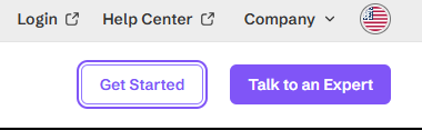 Website header with an outlined “Get Started” button showing a visible focus ring, beside a “Talk to an Expert” button.