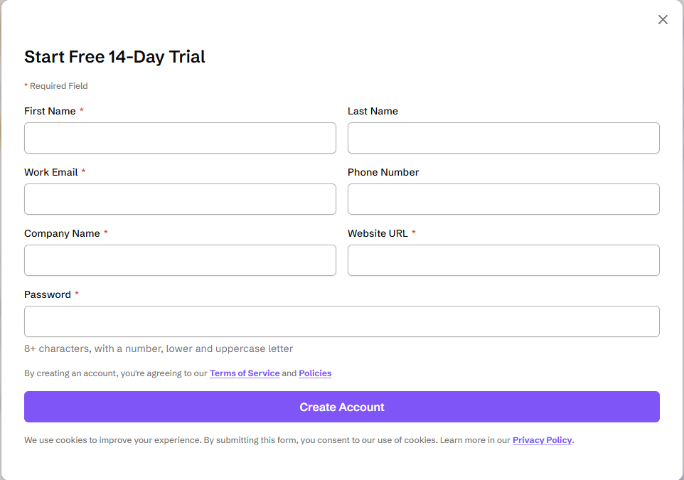 “Start Free 14-Day Trial” signup modal with name, work email, phone, company, website URL, and password fields, and a purple “Create Account” button.