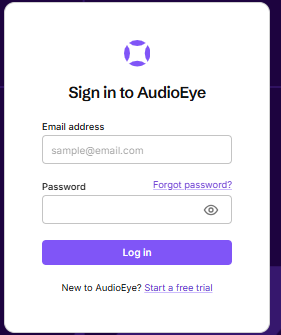 “Sign in to AudioEye” login form with email and password fields, a “Forgot password?” link, a purple “Log in” button, and a “Start a free trial” link.