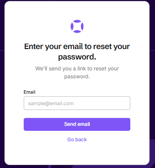 Password reset form asking for an email address, with a purple “Send email” button and a “Go back” link.