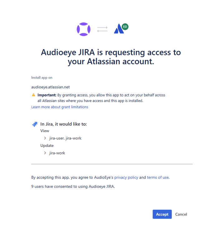 Atlassian permissions dialog: 'Audioeye JIRA is requesting access to your Atlassian account,' with Accept and Cancel buttons.