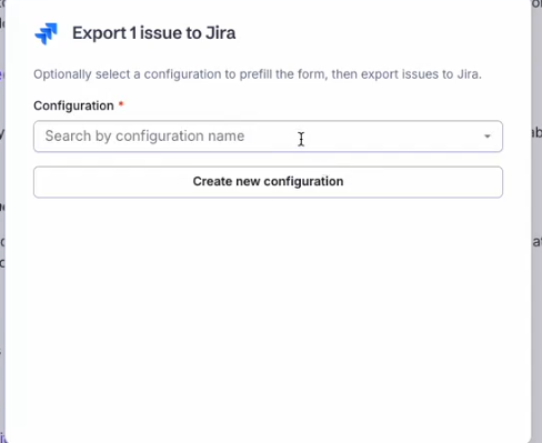 Export 1 issue to Jira' dialog with a Configuration search field and a 'Create new configuration' button.