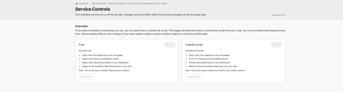 AudioEye Service Controls page with two cards, Fixes and AudioEye Script, each marked Active, offering Pause Fixes and Disable Script buttons.